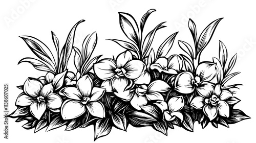 Vinca minor spreading under shrubs in a shaded garden, Plant Vector Graphic