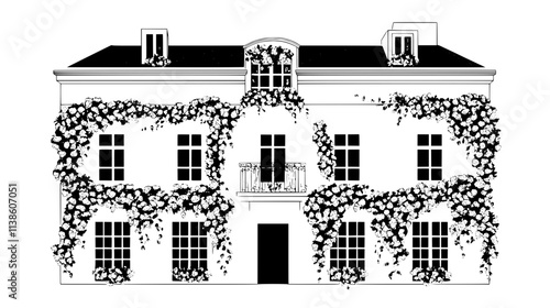 Wall of roses covering a building's exterior facade, Plant Vector Graphic