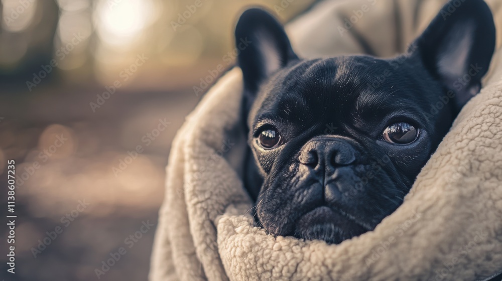 Fototapeta premium Detailed photograph of curious black French Bulldog in stroller
