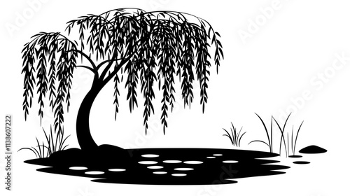 Willow tree with drooping branches swaying beside a calm water source, Plant Vector Graphic