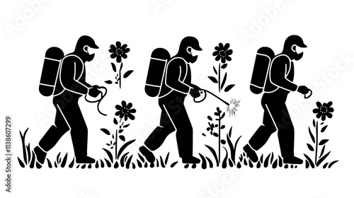 Workers in protective gear fumigating flowers, Plant Vector Graphic