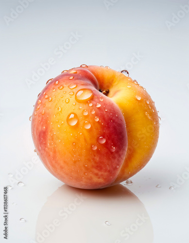 Ripe peach with water droplets isolated on white background. Generative AI