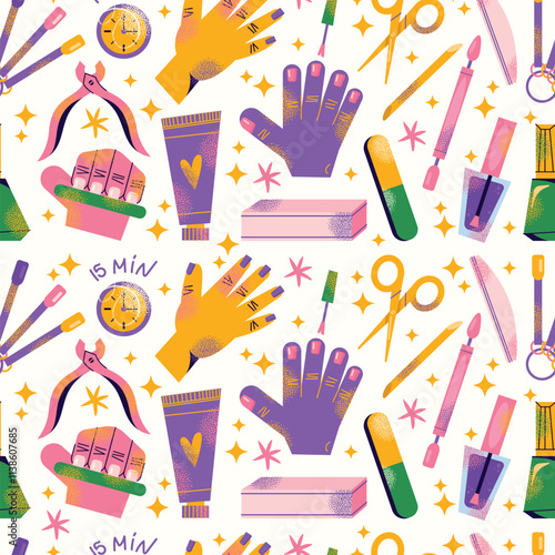 Nail care tools seamless pattern manicure accessories hands with polished nails. Colorful flat illustration of nail scissors, polish bottles, cuticle nippers, files. Nail care and beauty concept