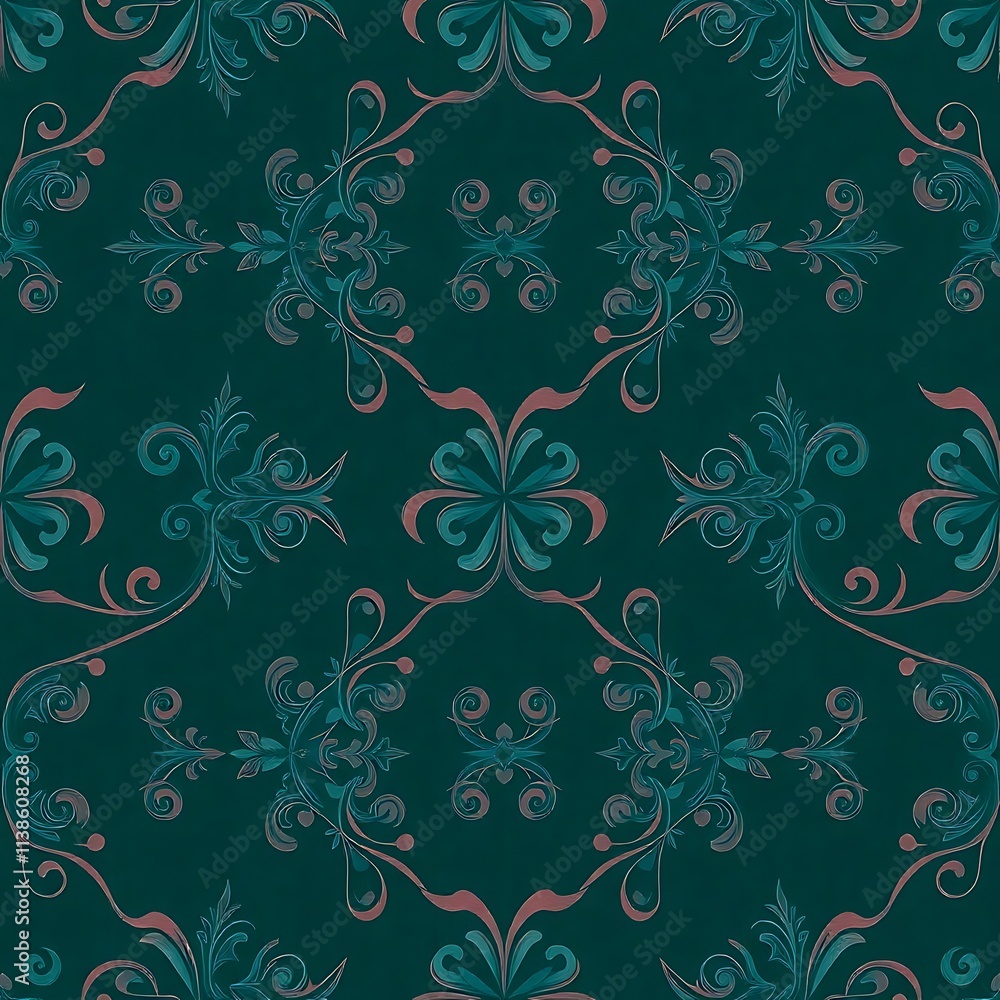 Emerald Elegance: A Seamless Teal and Rose Gold Damask Pattern Emerald Elegance: A Seamless Teal and Rose Gold Damask Pattern