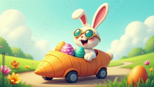 Happy bunny with sunglasses drives a carrot car full of colorful Easter eggs
