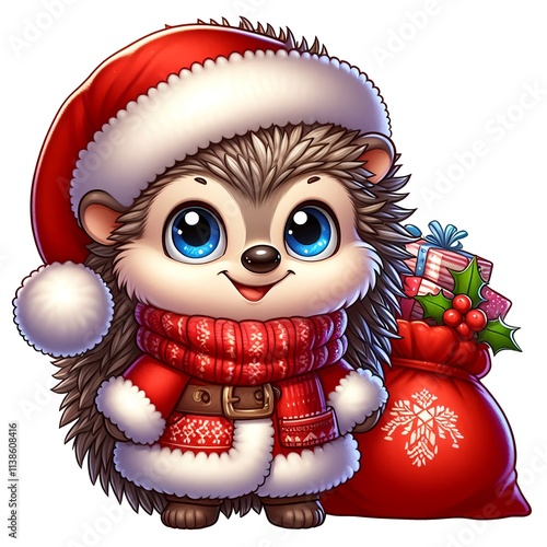 Cute Christmas hedgehog Clipart is a great choice for creating cards, invitations, party supplies and decorations. AI generated. photo