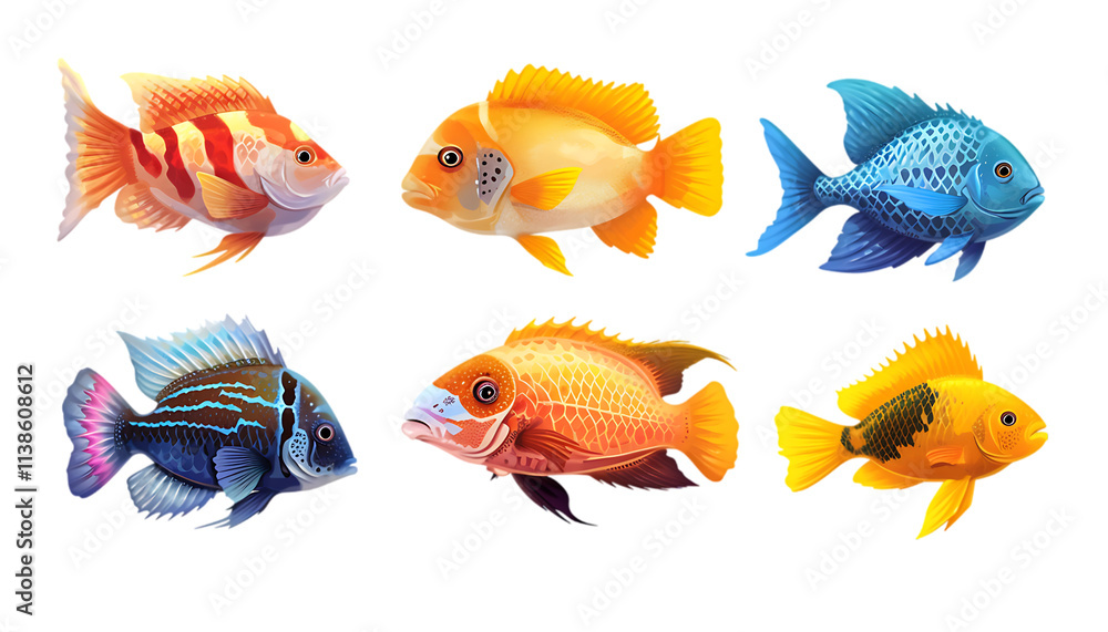 Fototapeta premium Vibrant and colorful fish illustrations showcasing unique patterns, scales, and fins, ideal for aquatic-themed designs. Transparent PNG.