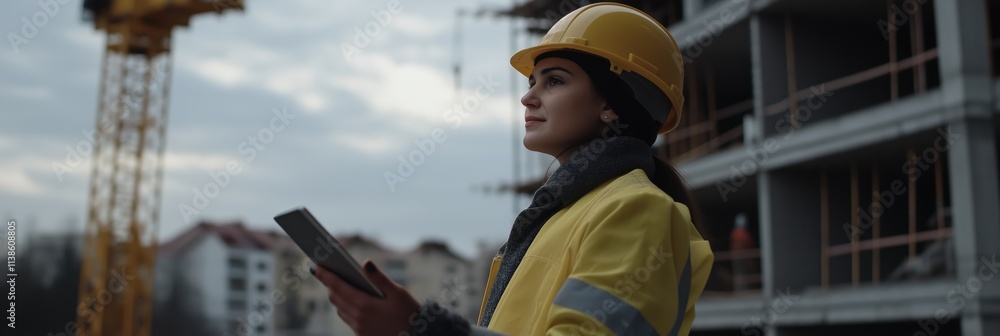 Confident engineer in hard hat and yellow jacket observes progress on modern construction site. Confident engineer in hard hat and yellow jacket observes progress on modern construction site.