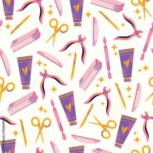 Nail care tools seamless pattern manicure accessories hands with polished nails. Colorful flat illustration of nail scissors, polish bottles, cuticle nippers, files. Nail care and beauty concept