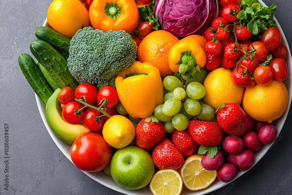 Colorful plate overflowing with fresh fruits and vegetables promoting healthy eating Colorful plate overflowing with fresh fruits and vegetables promoting healthy eating