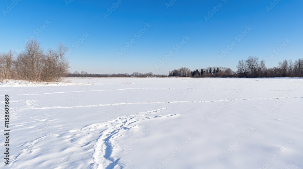 Snowy Landscape with Clear Blue Sky and Frosty Trees in Winter Scene Snowy Landscape with Clear Blue Sky and Frosty Trees in Winter Scene