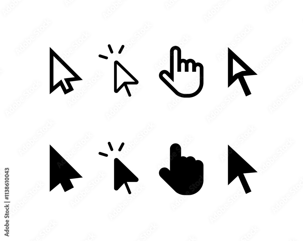 Pointer cursor icons. Computer web arrows mouse cursors and clicking line pointer cursor selecting. Pointer cursor icons. Computer web arrows mouse cursors and clicking line pointer cursor selecting.