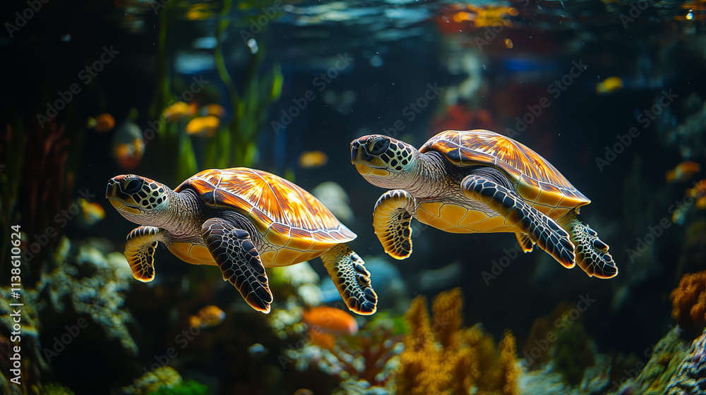 Fototapeta premium Two Sea Turtles Swimming Gracefully in a Vibrant Coral