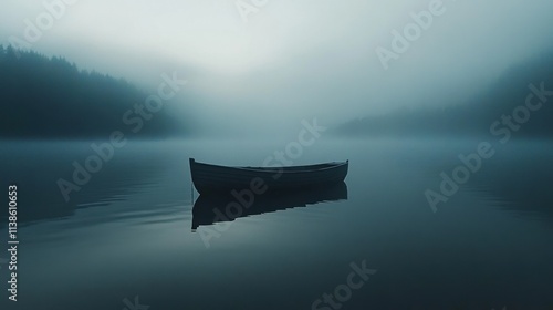 Solitude on Misty Lake: A Serene Rowboat on Still Water, Enveloped in Foggy Forest
