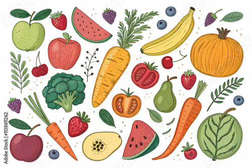 A vibrant assortment of fruits and vegetables, including apples, carrots, bananas, and berries, illustrated in a colorful, playful style.