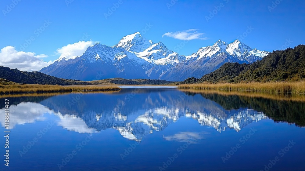 Snow-capped mountains reflected in a perfectly still lake. Snow-capped mountains reflected in a perfectly still lake.
