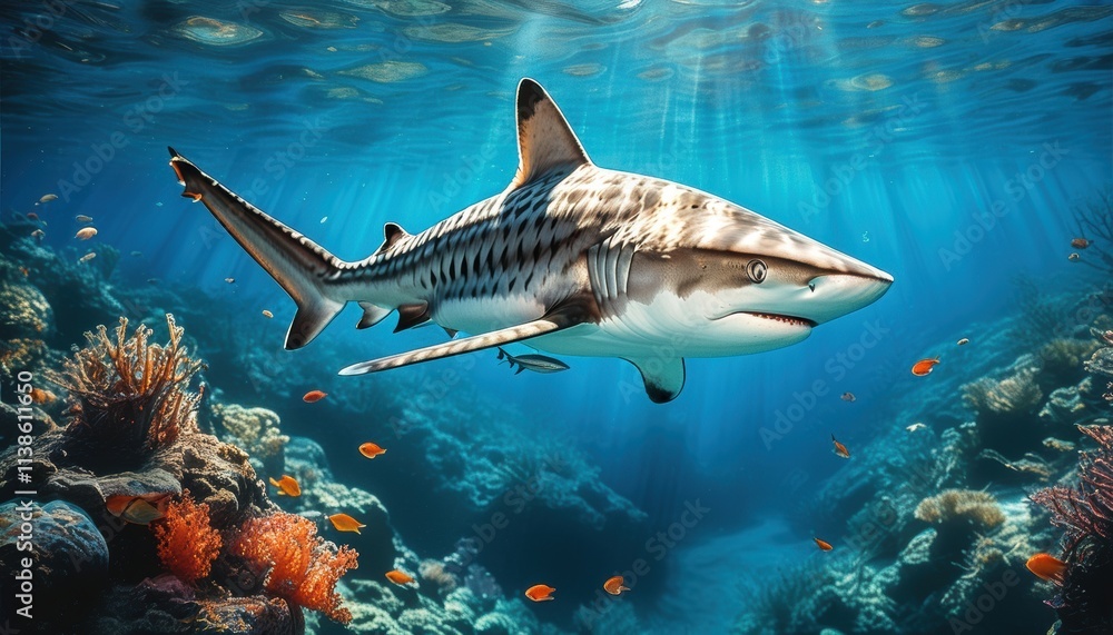 Naklejka premium Baby shark swimming gracefully in vibrant ocean
