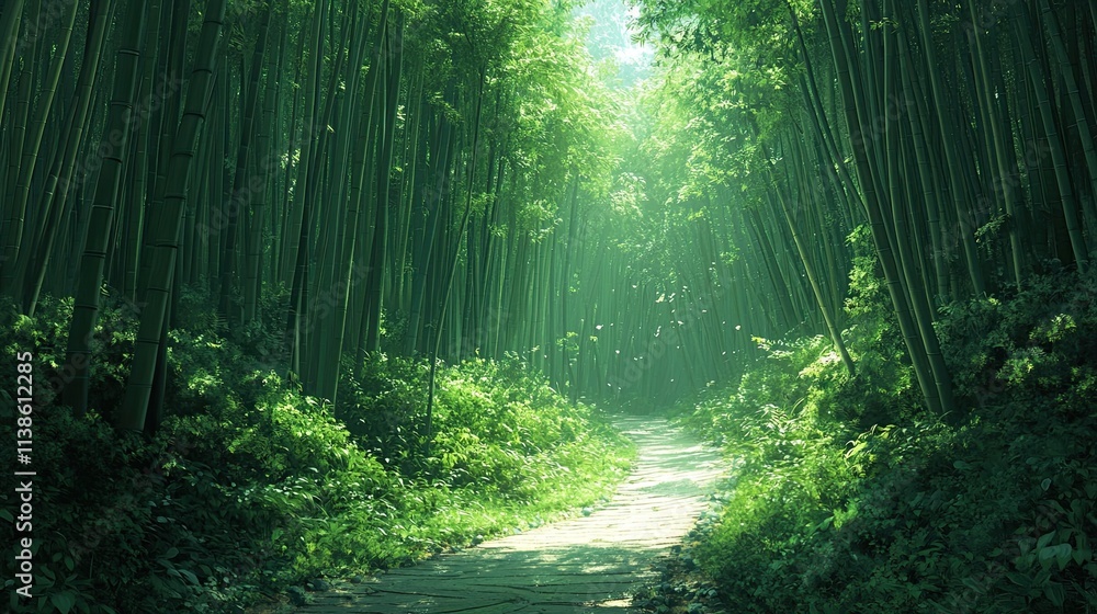 Fototapeta premium A winding path through a dense bamboo forest. 