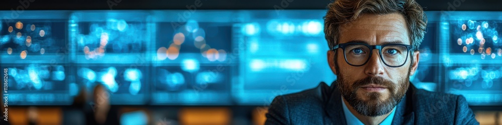Businessman analyzing financial data on digital screens. Businessman analyzing financial data on digital screens.