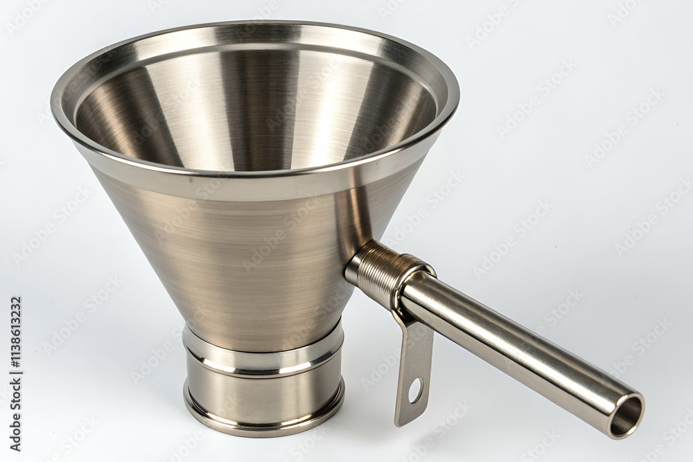 A shiny metal funnel designed for pouring liquids or powders into containers with a wide opening and narrow spout. A shiny metal funnel designed for pouring liquids or powders into containers with a wide opening and narrow spout.
