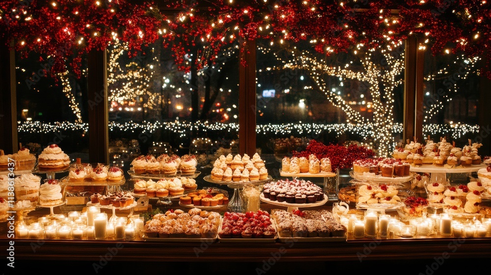Delicious Dessert Buffet at Night with Festive Lights Delicious Dessert Buffet at Night with Festive Lights