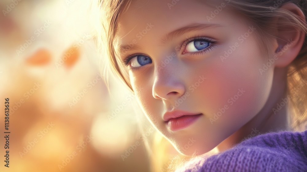 Fototapeta premium Calmness and serenity: close-up of a young girl with blue eyes and soft lighting