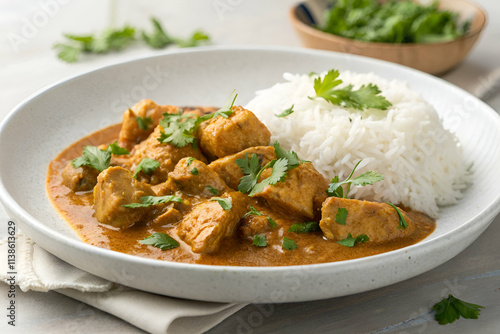 A delicious serving of chicken curry paired with fluffy white rice, garnished with fresh cilantro, perfect for a comforting meal.