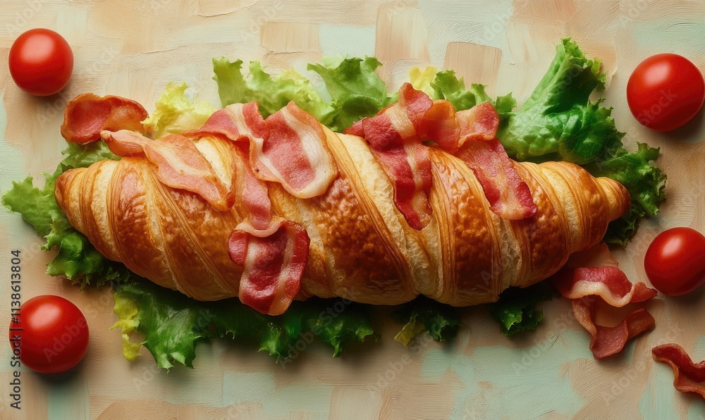 A bacon and lettuce roll with tomato slices on top A bacon and lettuce roll with tomato slices on top