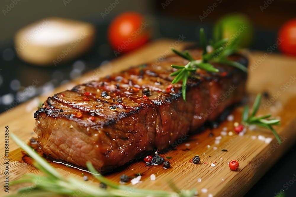 A piece of meat with a side of herbs and spices A piece of meat with a side of herbs and spices