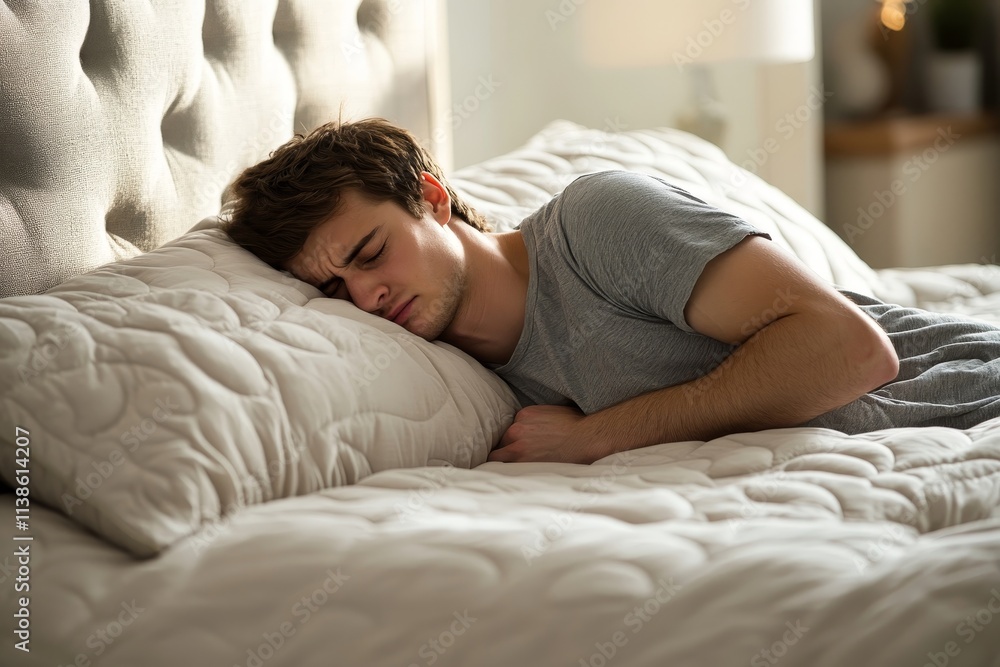 person feeling stomach pain menstruation on the bed, Generative AI person feeling stomach pain menstruation on the bed, Generative AI
