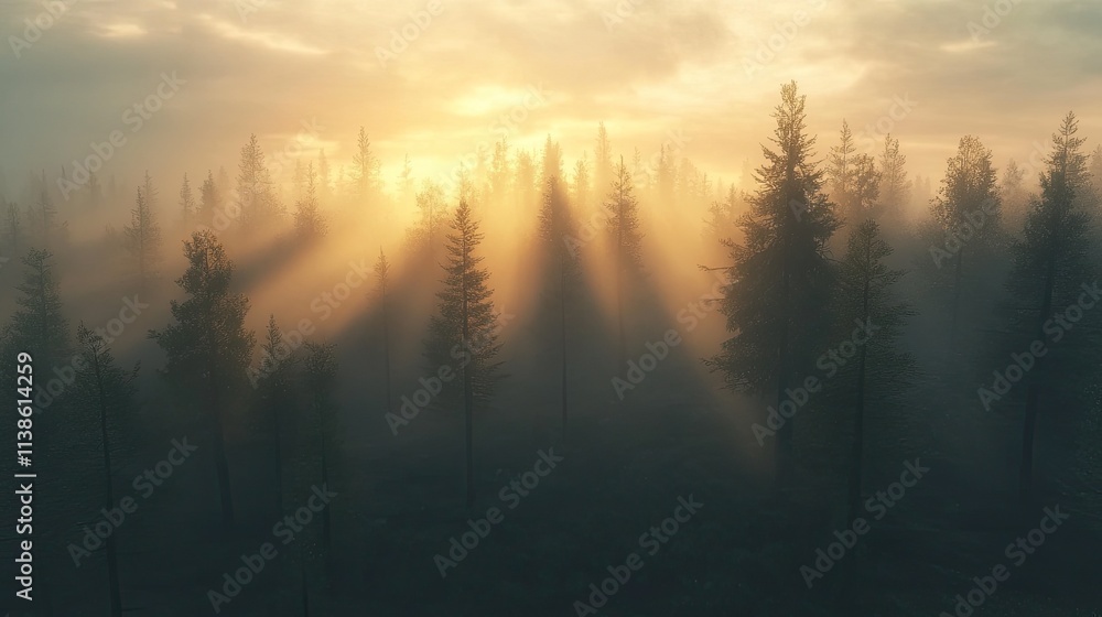 A misty forest at dawn with rays of sunlight piercing through the fog. A misty forest at dawn with rays of sunlight piercing through the fog.