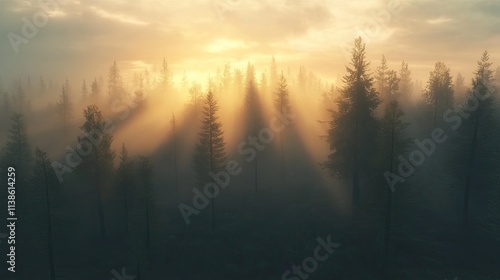 A misty forest at dawn with rays of sunlight piercing through the fog. 