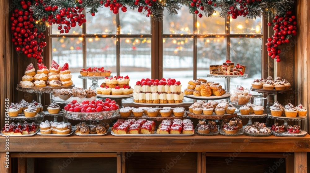 Festive Christmas Dessert Table with Window View Festive Christmas Dessert Table with Window View