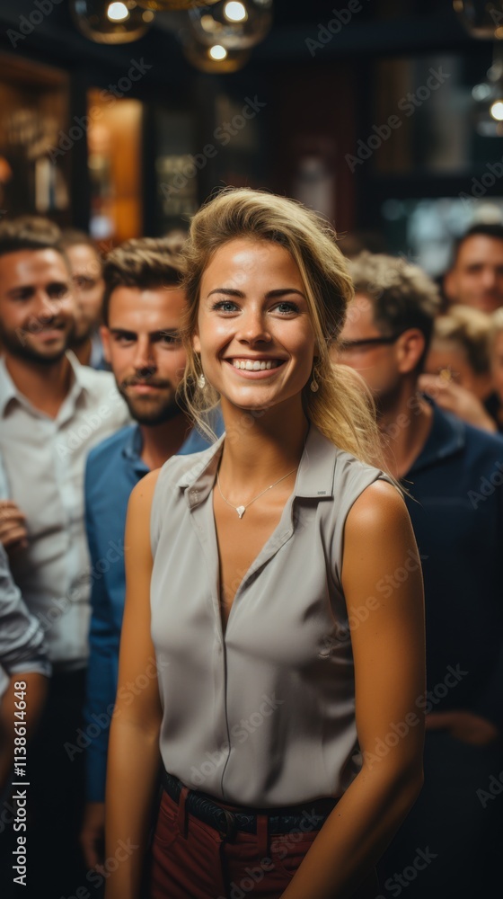 Smiling woman at a social gathering in a lively setting. Smiling woman at a social gathering in a lively setting.
