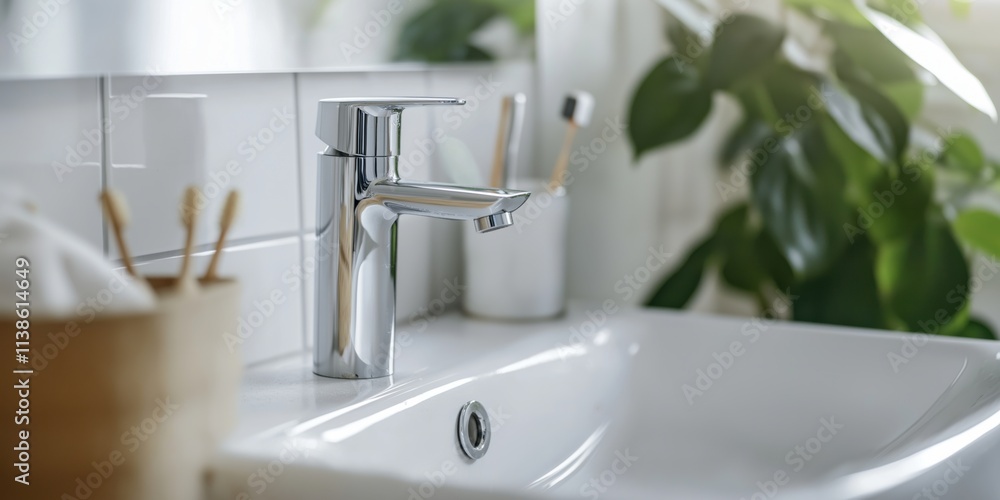 A chrome faucet in a bright and modern bathroom highlighting cleanliness and contemporary interior design. A chrome faucet in a bright and modern bathroom highlighting cleanliness and contemporary interior design.