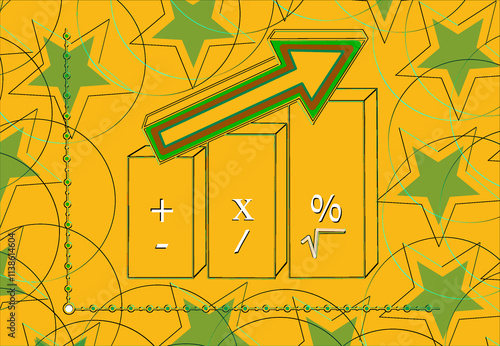 Up arrow for business and market charts with math signs and columns, and green and yellow star background