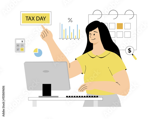 Tax day concept. Government taxation, invoice payment, online banking. Woman making transaction using computer. Vector illustration on isolated white background.	