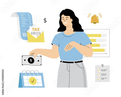 Tax payday, loan repayment time, investment income. Young woman with money, calendar, bell, list, tax form and invoice. Vector illustration on isolated white background.	