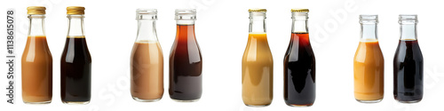 Set of two glass bottles side by side filled with rich coffee milk and brewed tea isolated on transparent background