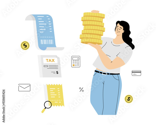 Tax payment, loan repayment date, pay bills and checks. Woman with a stack of gold coins makes repayment. Vector illustration on isolated white background.	