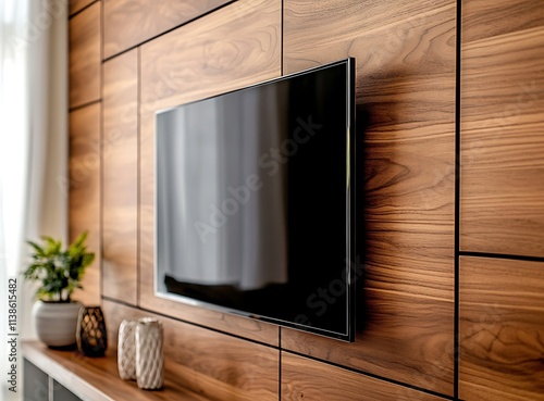 Stylish and modern living room design focusing on a TV set into a wooden wall, captured from a close angle