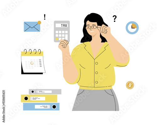 Tax calculation. Woman accountant with calculator and documents conducting audit. Budget planning or income management, spending and expense report. Vector illustration on isolated white background.	