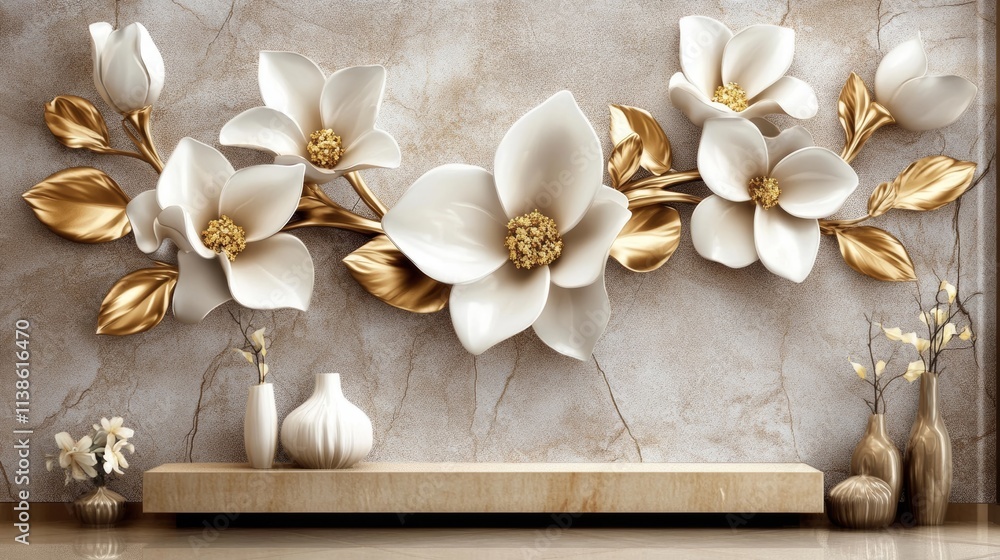 Obraz premium White, blue, and gold flowers and leaves with a marble backdrop, perfect for use on cards, invitations, or wallpaper.
