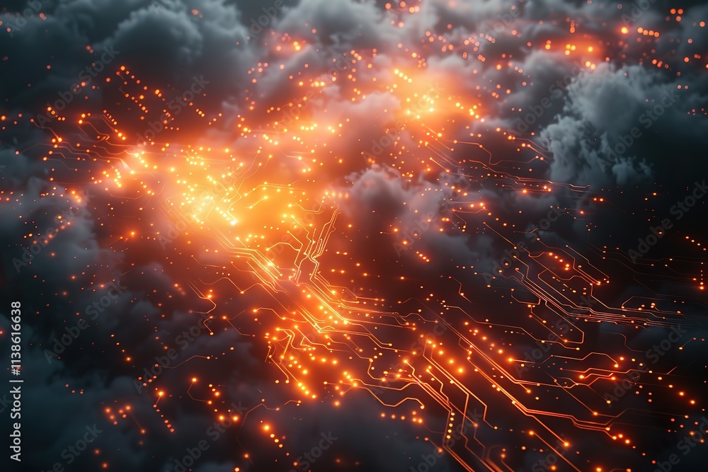 Fototapeta premium A computer generated image of a city with a lot of lights and a lot of clouds