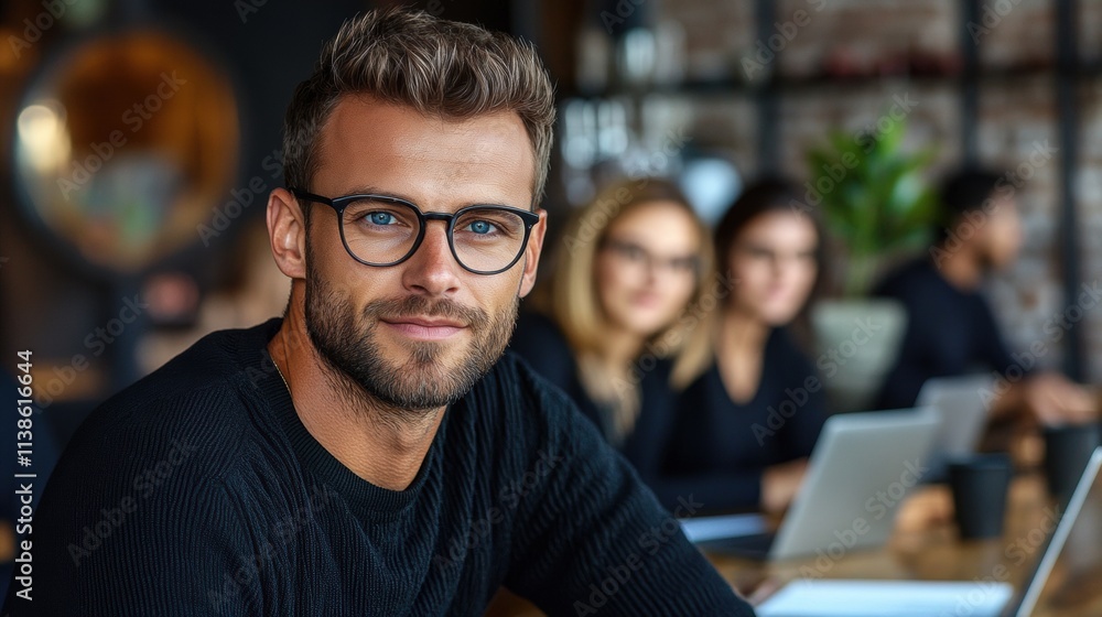 Confident Young Man with Glasses in Modern Office Setting Confident Young Man with Glasses in Modern Office Setting