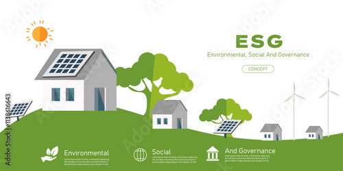  ESG - Environment Society and Governance ecological  concepts with tree house solar energy vector