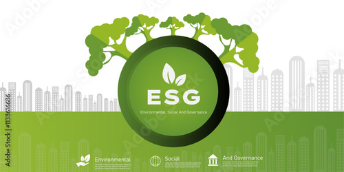  ESG - Environment Society and Governance ecological  concepts , tree building, carbon, city landscape, icon photo