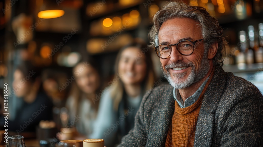 Smiling older man in cozy café with friends in background. Smiling older man in cozy café with friends in background.