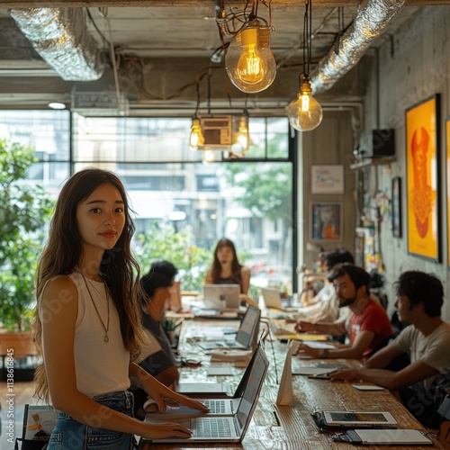 Young Asian woman working in a trendy co-working space.