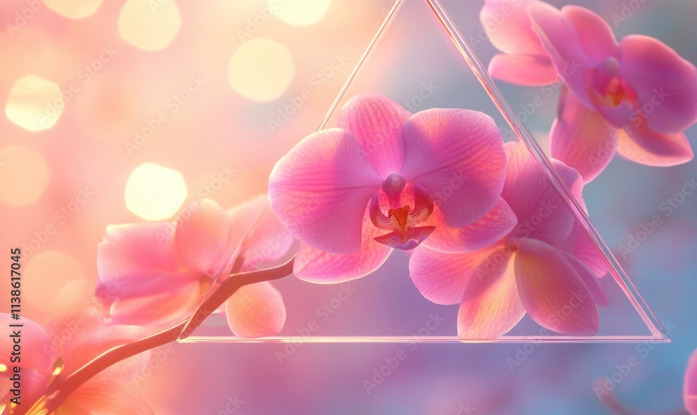 Obraz premium A triangle is shown in the middle of a bunch of pink flowers
